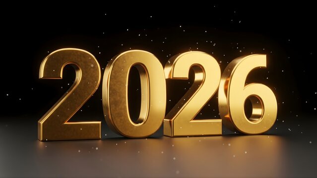Luxurious 3D golden ‘2026’ typography on a dark background with soft lighting and floating particles, perfect for premium New Year celebration designs.