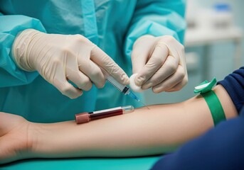 Drawing blood from a vein in the clinic room. Nurse inserting a syringe with a needle into the patient hand. Swab applied on the injection site during blood collection. Tube with blood.