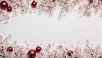 Festive Christmas Ornament Border with Snowy Branches and Red Baubles.