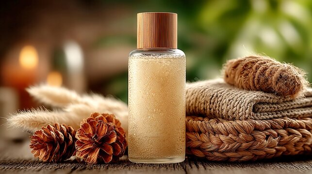 Spa setting featuring natural skincare products, glass bottle with wooden cap, soft towels, relaxing ambiance with greenery.