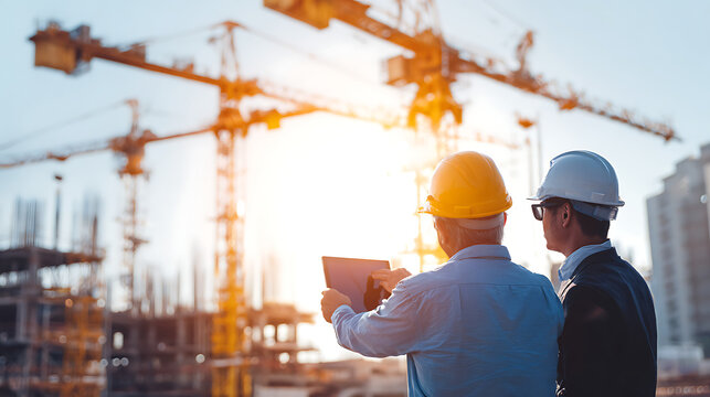 Engineers wearing hard hats reviewing tablet at construction site with cranes image
