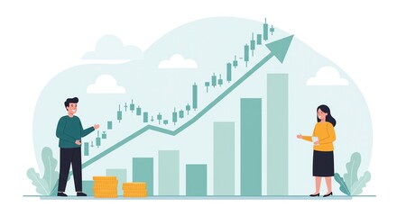 Two business people analyzing a financial growth chart with an upward trend, representing investment success.
