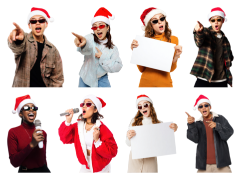 PNG Festive group celebrating Christmas joyfully, element set on transparent background