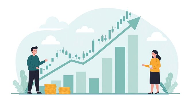 Two business people analyzing a financial growth chart with an upward trend, representing investment success.