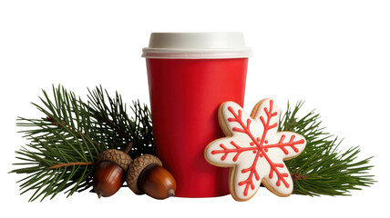 Festive red coffee cup with a star shaped gingerbread cookie and pine branches isolated on transparent background