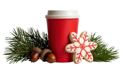 Festive red coffee cup with a star shaped gingerbread cookie and pine branches isolated on transparent background
