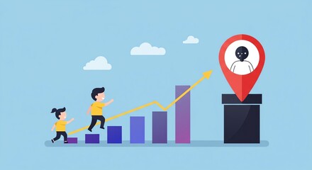 Cartoon people climbing a bar chart towards a goal, symbolizing business growth and personal development and achievement.