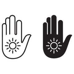 Hand icon with sun symbol, depicted in outline and solid styles