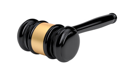 Black wooden gavel with gold band, isolated on transparency background, symbolizing justice, law, authority, and decision making in courtrooms or legal settings, with professional and serious mood