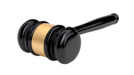Black wooden gavel with gold band, isolated on transparency background, symbolizing justice, law, authority, and decision making in courtrooms or legal settings, with professional and serious mood