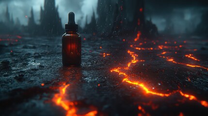 Dramatic serum bottle presentation with fiery lava background for compelling skincare advertising and powerful beauty campaign visuals, adding intrigue to product marketing