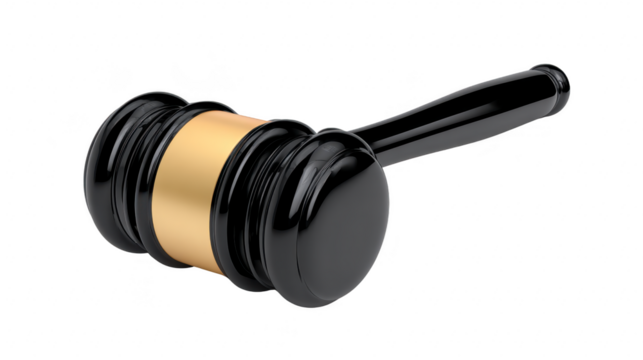 Black wooden gavel with gold band, isolated on transparency background, symbolizing justice, law, authority, and decision making in courtrooms or legal settings, with professional and serious mood