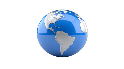 Fototapeta premium Blue globe white continents North America South America 3D rendering isolated shiny modern clean minimal global earth geography environmental peaceful educational digital world sphere