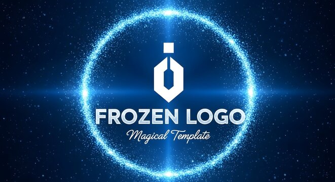 Magical frozen logo reveal with sparkling particles and blue light flares on dark background perfect for winter themed intros, holiday greetings, and festive video projects