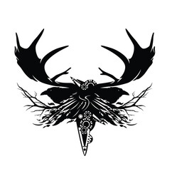 Obraz premium forest spirit magic totem with deer antlers and raven birds - fantasy pagan shaman black and white vector design