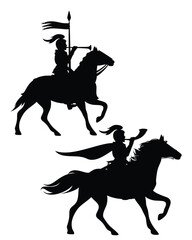 fantasy medieval knight herald riding horse holding banner spear and blowing trumpet - fairy tale horseback messenger black vector silhouette