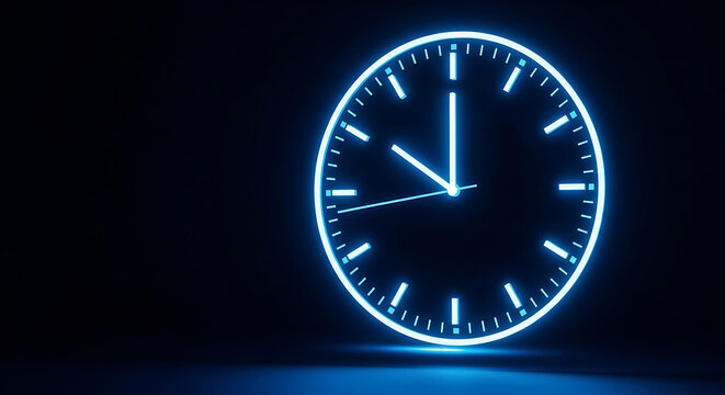 Glowing blue neon clock face on dark background time