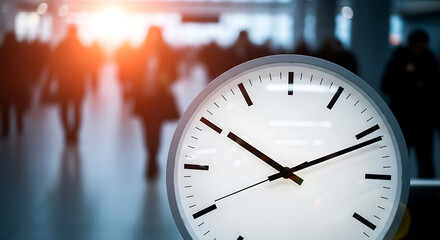 Close up of a white clock face with blurred people walking in background