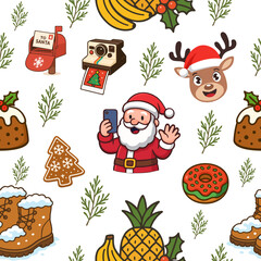 Tropical Christmas Vector Illustration. Pineapple, Banana, and Holly Icon.