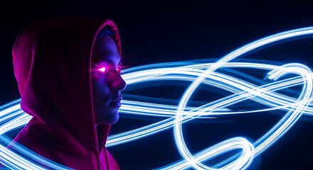 Person in red hoodie with glowing pink eyes and blue light trails