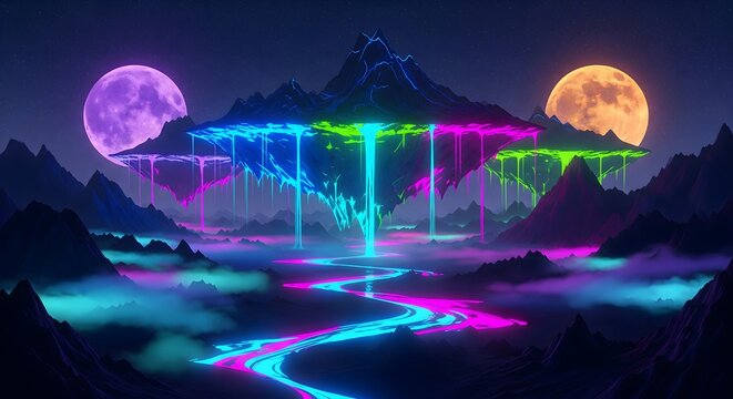 Vibrant neon dreamscape with floating mountains,generative AI