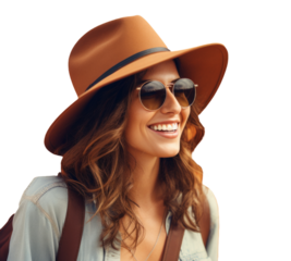 A young attractive girl in glasses and a hat is traveling with a smile on her face.