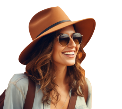 A young attractive girl in glasses and a hat is traveling with a smile on her face. - Powered by Adobe