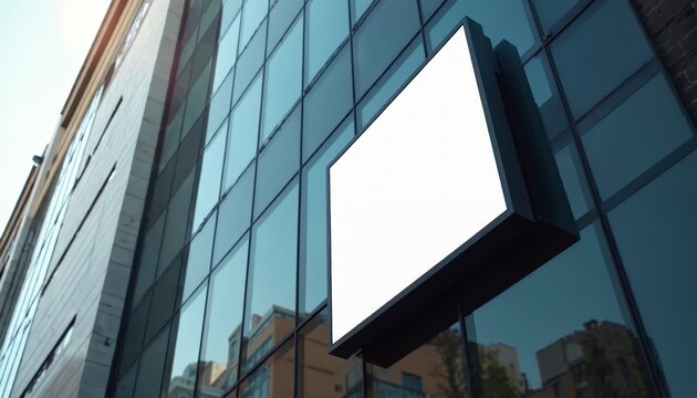 Blank square signboard hangs on modern glass office building facade, reflecting bright blue sky, city scene. White commercial sign mockup template ready for custom brand logo, business name,