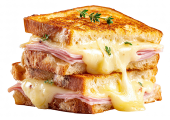 Classic French croque monsieur sandwich with melted cheese and ham, styled food photo, isolated on transparent background, gourmet breakfast concept, sharp detail
