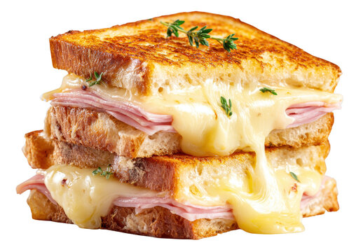 Classic French croque monsieur sandwich with melted cheese and ham, styled food photo, isolated on transparent background, gourmet breakfast concept, sharp detail