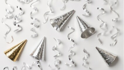 Festive Party Hats and Silver Streamers on White Background.