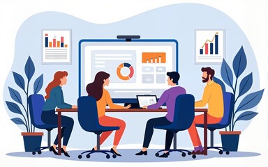 set business flat  vector illustration design style concept. for graphic and web page banners. cartoon character design. team online video conference meeting. business planning. data analytics