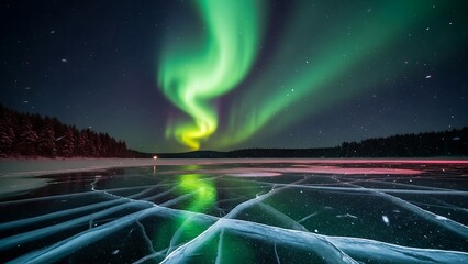Aurora Borealis over frozen lake with cracked ice in winter night.