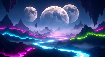 Vibrant neon dreamscape with floating mountains,generative AI