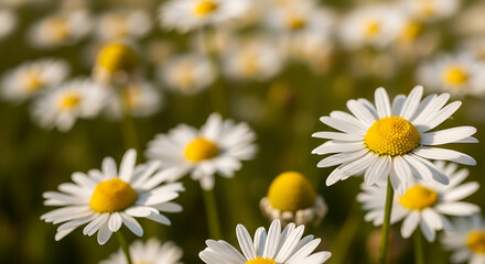 Fototapeta premium Close up of white daisies with yellow centers in a field