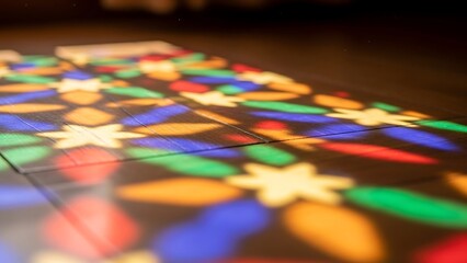 Fototapeta premium Colorful Light Patterns on Floor - A Kaleidoscope of Reflections.