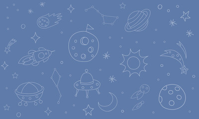 Naklejka premium Doodle cosmic background with planets, rocket, spaceship isolated on a blue background. Seamless pattern. Hand drawn background for textile, paper, cover.