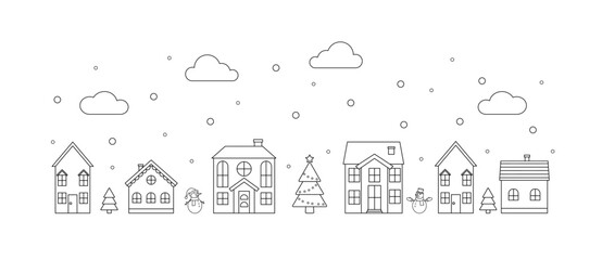 Suburb houses and christmas holidays. Linear illustration. City street and falling snow, winter landscape.
