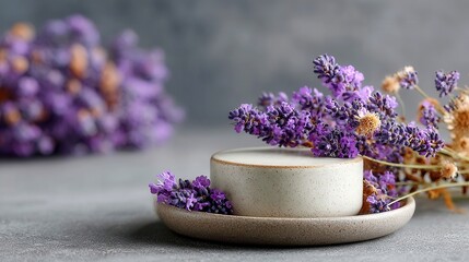 Fototapeta premium Elegant tea setup, delicate white cup on a plate surrounded by vibrant lavender flowers, ideal for relaxation or meditation.