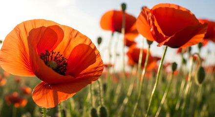 Close up of bright red poppy flower petals backlit by sun