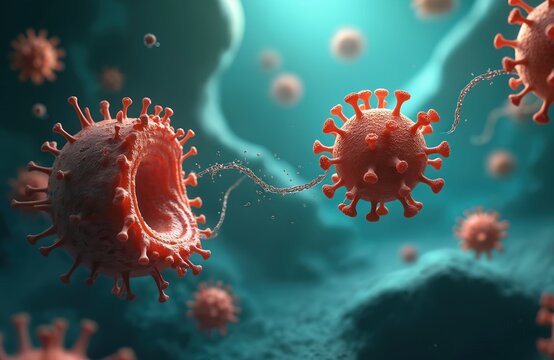 Microscopic view of infectious virus particles. Red pathogens float in blue fluid environment. Microbes cause cellular infection, disease spread in human body. Micro biology science research concept.