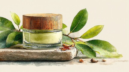 Natural skincare product with green leaves, organic moisturizer in glass jar on neutral background, wellness and self-care theme.