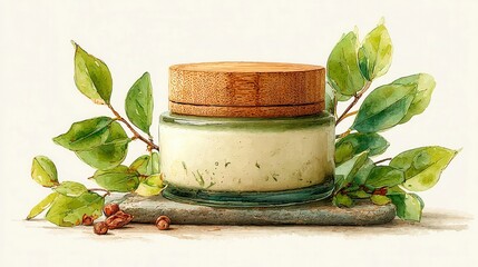 Natural skincare products, elegant cream jars with wooden lids surrounded by fresh green leaves on a sleek surface, eco-friendly theme.