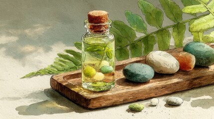 Relaxing spa setup, natural essential oil bottle, smooth stones, green leaves, tranquil ambiance, perfect for wellness themes.