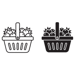 Shopping Basket with Fruits Outline and Solid Icon Set