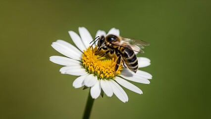 Bee Pollinating a Daisy Flower in a Sunny Garden.
