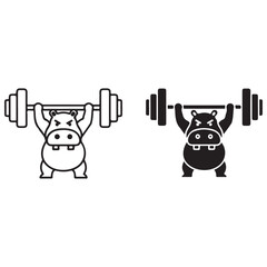 Strong Cartoon Hippopotamus Lifting Barbell Line and Glyph Icons