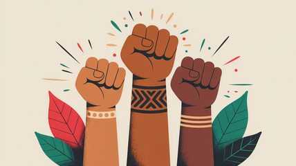 Vibrant digital illustration of three raised fists in diverse skin tones with tribal bands, dynamic accents, modern minimalist style, unity, empowerment, social justice theme.