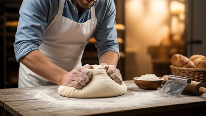 Baker Kneading Dough with Passion in a Warm Bakery.