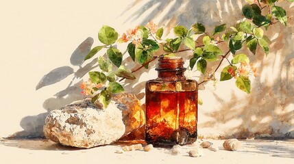 Aromatherapy essential oil bottle, amber glass container surrounded by greenery and pebbles, inviting wellness and relaxation.